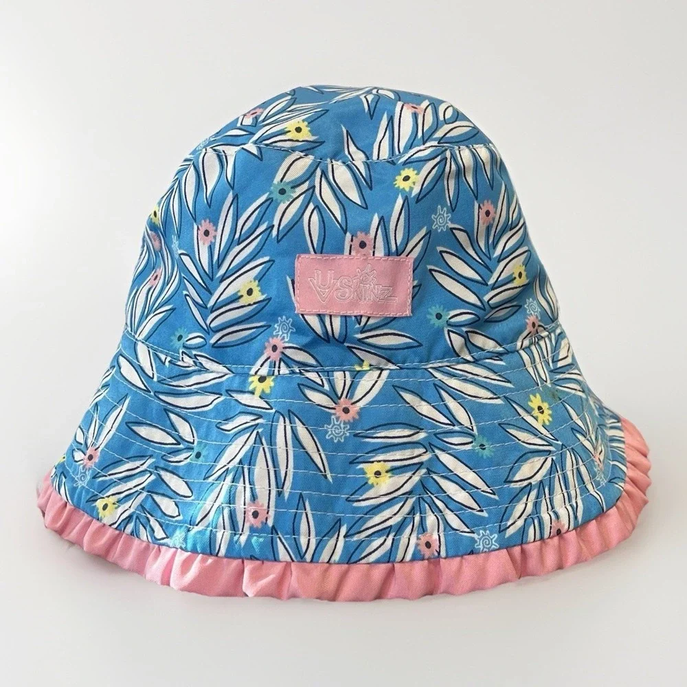 UV Skinz Girls 4T Bucket Sun Hat Floral Pink Blue White Ruffles Beach Tropical